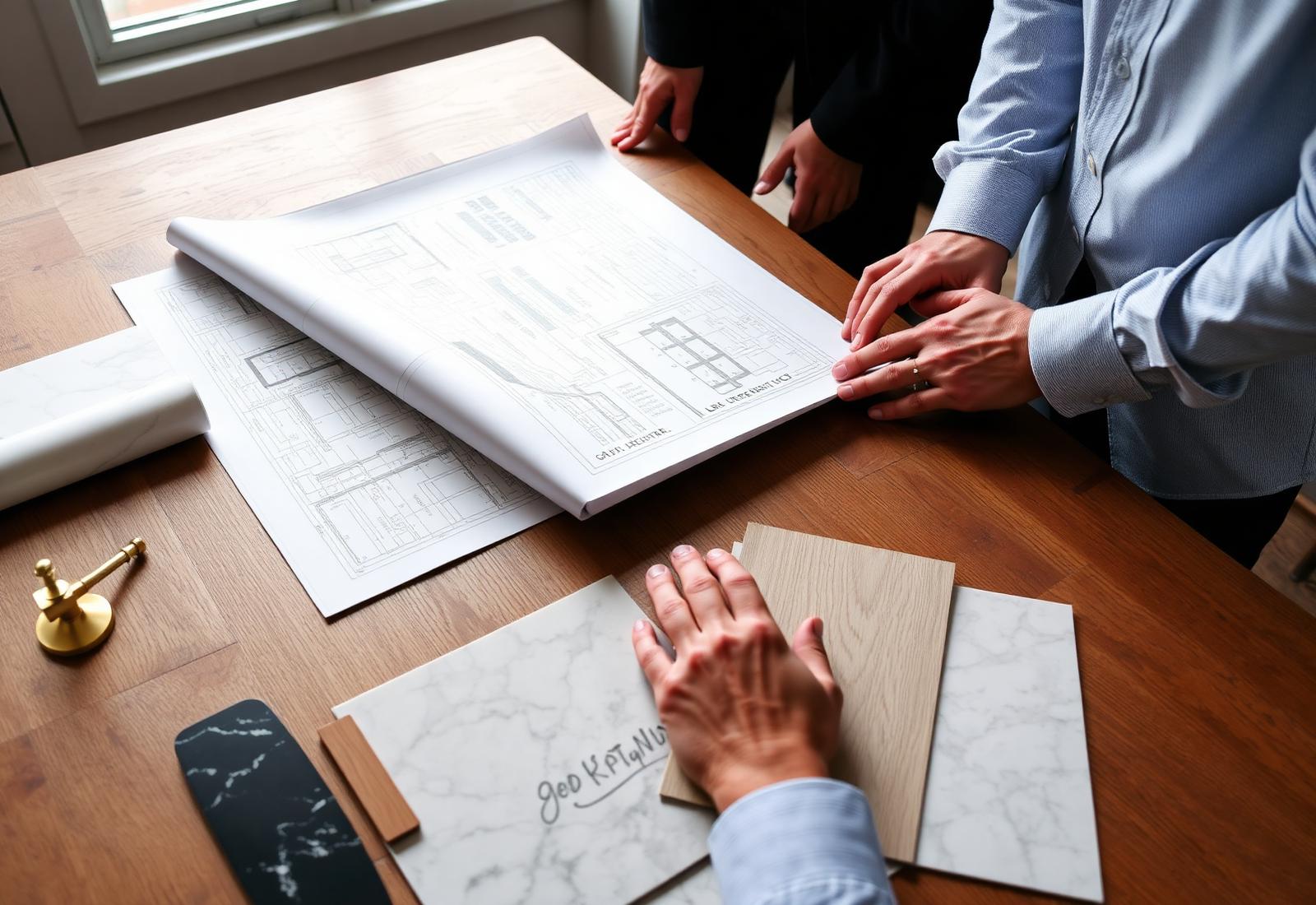 Craftsman reviewing custom home plans with material samples